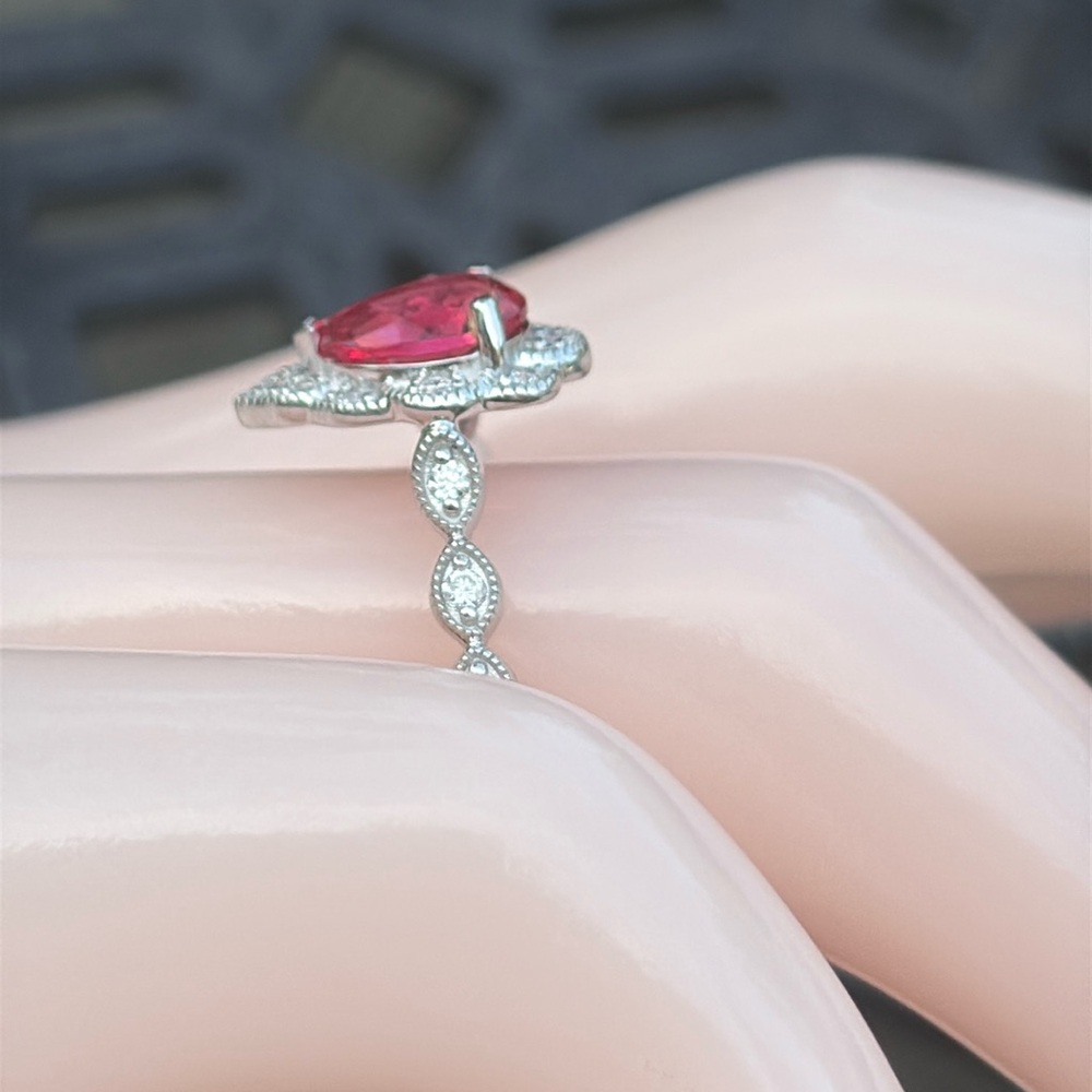 Pear Cut 1.25 tcw Genuine Ruby & Diamond Ring Sterling Silver Size 7 - Picture 4 of 14